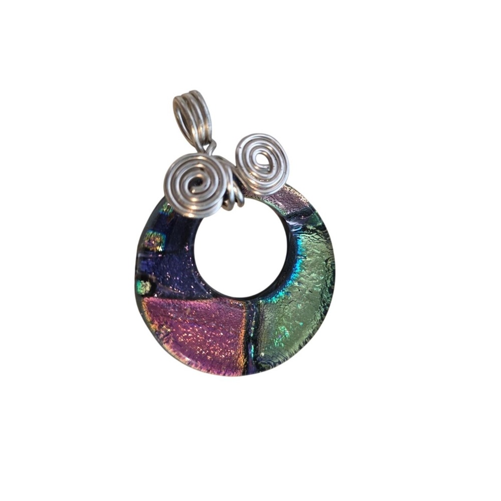 Handmade Dichroic Glass Circle Pendant Necklace Wire Wrapped Galaxy Purple